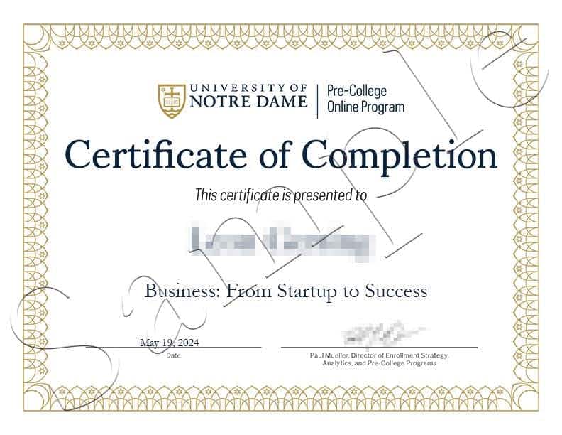 Sample of the University of Notre Dame Pre-College Online Program